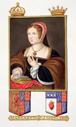 Portret Margaret Tudor (1489-1541) królowej Szkocji ze „Wspomnienia dworu królowej Elżbiety” według portretu Daniela Mytensa (ok. 1590-1642), opublikowanego w 1825 r. (wc i gwasz na papierze)